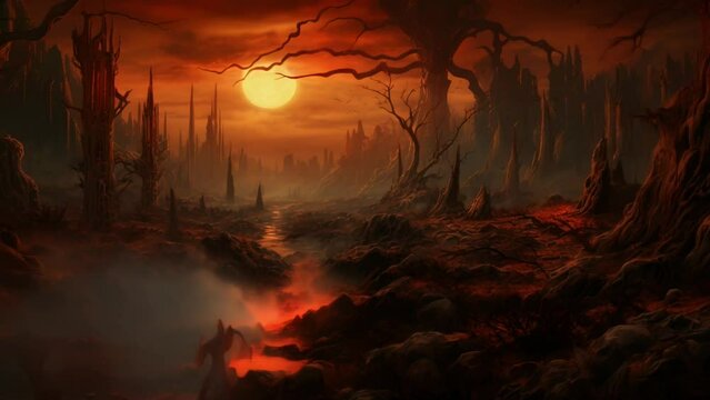 Fantasy hell landscape, illustration for a book.