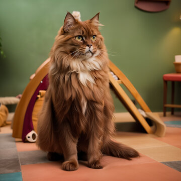 A beautiful parody cat sits on the floor of the room. Generative AI