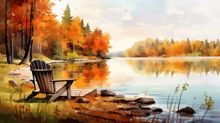 Foto op Plexiglas Autumn watercolor illustration of serene landscape with lake, colorful trees and chairs. © SULAIMAN