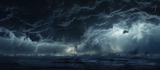 A dramatic image of a stormy sky with powerful lightning bolts striking down - obrazy, fototapety, plakaty