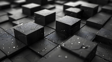 An arrangement of 3D black cubes with reflective surfaces adorned with water droplets under dim lighting - obrazy, fototapety, plakaty