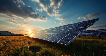 solar panels in the grass, blue sky with clouds and sun shining through the solar panel array landscape background, solar farm, alternative source of electricity. 