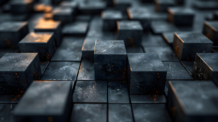 Photo manipulation with focus on depth and texture showing cubes with golden illumination - obrazy, fototapety, plakaty