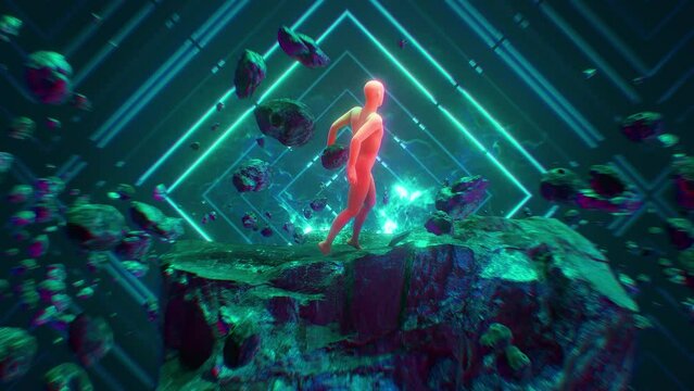 A surreal abstract looping sequence featuring a figure in a tight suit dancing on a floating rock formation, with meteors and pulsating neon lights.