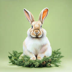 Obraz premium funny cute rabbit sits on green branches with a green background. a rabbit with long ears sits on coniferous branches in pastel colors