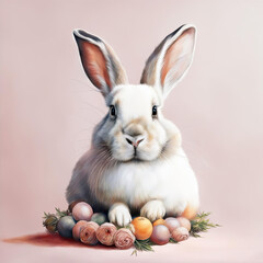 Fototapeta premium funny cute rabbit sits on flowers and green branches. a fluffy rabbit with long ears sits among flowers in pastel colors