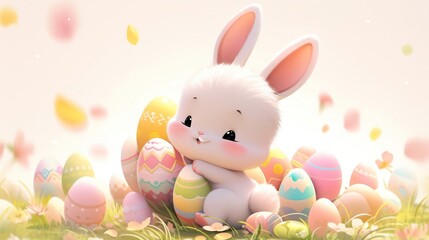 Obraz premium White Bunny Sitting on Top of Pile of Eggs Generative AI