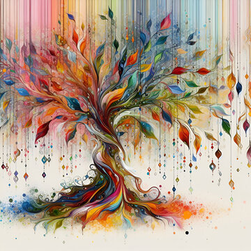 An illustration background depicting a vibrant tree adorned with leaves dangling from its branches in a myriad of colors