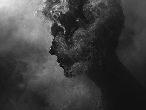 Dark image of smoke enveloping the frame representing the grip of addiction , high resolution