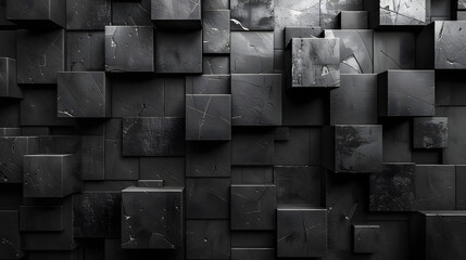 An artistic representation depicted by asymmetrical black cubes creating a sense of movement and rhythm