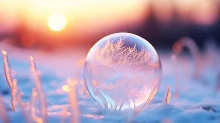 Fotobehang Beautiful soft frozen soap bubble in winter season with beautiful morning sunlight background. © Alpa