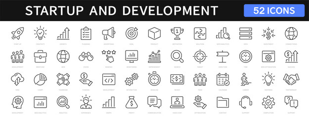 Fototapeta na wymiar Startup and development thin line icons set. Development editable stroke icon. Start up symbols collection. Vector illustration