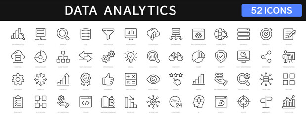 Plakaty  Data analytics thin line icons set. data analysis, analytics, optimization, mining, processing, statistic, monitoring, search, analysis editable stroke. Vector