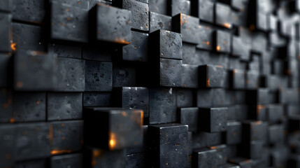 A close-up of a wall made up of cubic shapes with a focus on texture and lighting