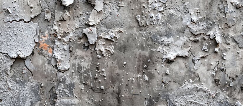 A monochrome photo of a grey concrete wall with peeling paint, revealing a layered pattern resembling wood grain, creating an artistic texture