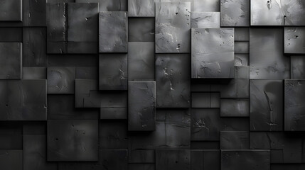 Close-up view of a geometric black cube pattern with a matte finish on an angled wall in monochrome