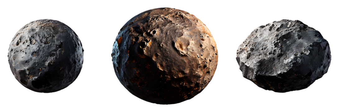Set of three Moon like planetoids isolated on transparent background.