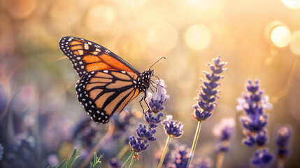Obraz premium A butterfly sits atop a vibrant purple flower, showcasing its delicate wings under the sunlight