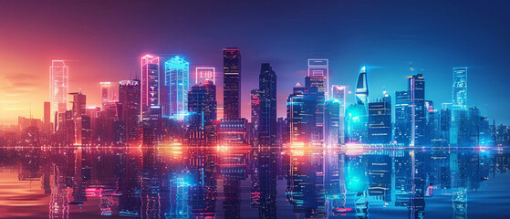 Futuristic smart city skyline with holographic displays and autonomous vehicles, highlighting innovation and urban technology.