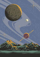 Alien Planet Panorama, Extraterrestrial Landscape, Mountains, Saturn, Planets, Stars, Outer Space Illustration 