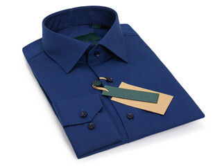 Dark blue folded long sleeved men's shirt isolated on white background, template for designer