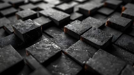 Shiny black 3D blocks on a surface create a reflective visual effect emphasizing contrast and luxury