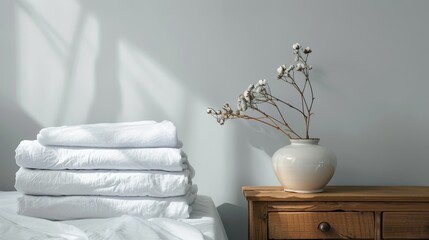 A stack of white clean terry towels on a wooden bedside table.