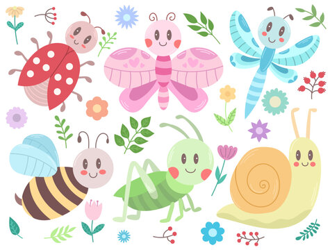 Set with cute kawaii insects, flowers and twigs with leaves - ladybug, grasshopper, bee, snail, butterfly, dragonfly. Vector illustration, easy to edit
