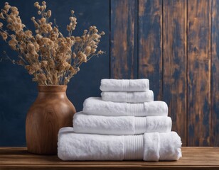 A stack of white clean terry towels on a wooden bedside table.