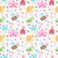 Seamless pattern with cute insects, flowers and leaves. Grasshopper, dragonfly, butterfly, ladybug, bee, snail. Vector