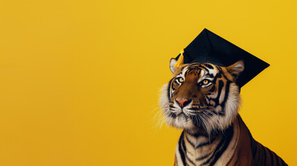 Tigre vestindo beca de formatura e chapéu isolado no fundo amarelo