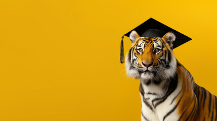 Tigre vestindo beca de formatura e chapéu isolado no fundo amarelo - obrazy, fototapety, plakaty