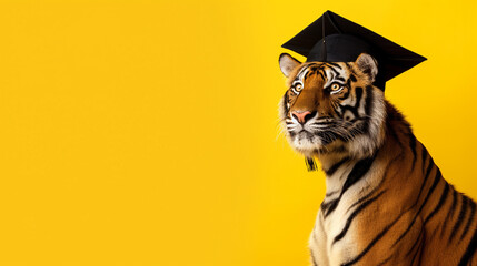 Tigre vestindo beca de formatura e chapéu isolado no fundo amarelo