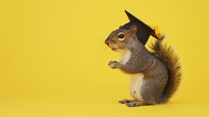 Esquilo vestindo beca de formatura e chapéu isolado no fundo amarelo - obrazy, fototapety, plakaty