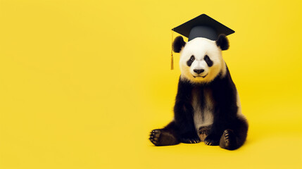 Panda vestindo beca de formatura e chapéu isolado no fundo amarelo