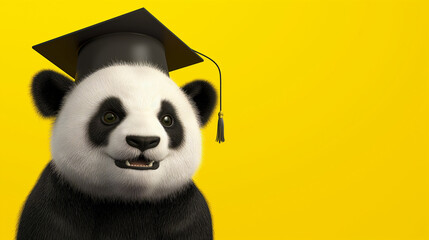 Panda vestindo beca de formatura e chapéu isolado no fundo amarelo - obrazy, fototapety, plakaty