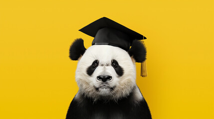 Panda vestindo beca de formatura e chapéu isolado no fundo amarelo - obrazy, fototapety, plakaty