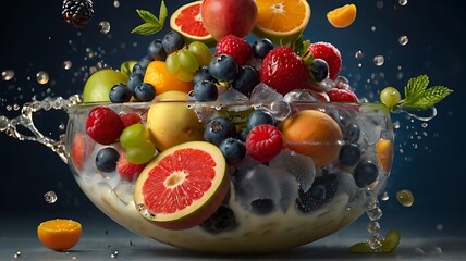 Fresh Fruit Salad: A vibrant mix of strawberries, oranges, blueberries, grapes, raspberries, and bananas on a bed of crisp greens