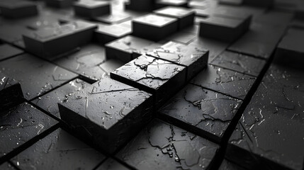 A serene and moody image featuring a close-up of dark glossy tiles with water droplets, reflecting light and creating depth - obrazy, fototapety, plakaty
