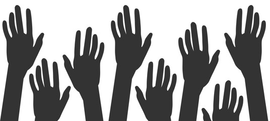Silhouettes of realistic human hands raised up dark gray isolated on white background