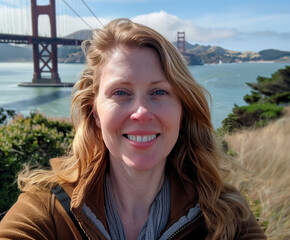 Woman selfie with Golden Gate Bridge, San Francisco view.