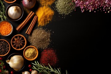 Bright top view cooking scene on black wooden background, space for text, realistic and vibrant