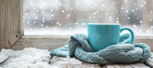 Cozy winter holiday vibes  enjoy hot tea or coffee by the window with a cup on the table