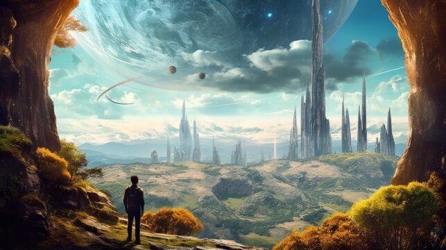 Artistic concept painting of a beautiful sci-fi landscape, with a future thing in the background.