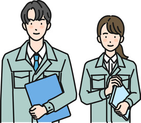 作業服を着て案内をしている男性と女性（上半身）