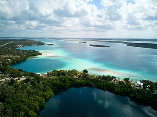 Aerial view of Cenote Negro Bacalar lagoon in Quintana Too Mexico