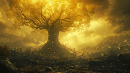 Golden tree of life, giant magical tree, tree of norse mythology, yggdrasill - obrazy, fototapety, plakaty