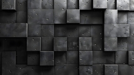 A three-dimensional black cubic pattern with varied textures on a monochromatic scale offers depth and intrigue