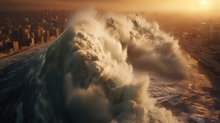 Apocalyptic Tsunami Wave, Huge Wave Sweeping a City, AI generated
