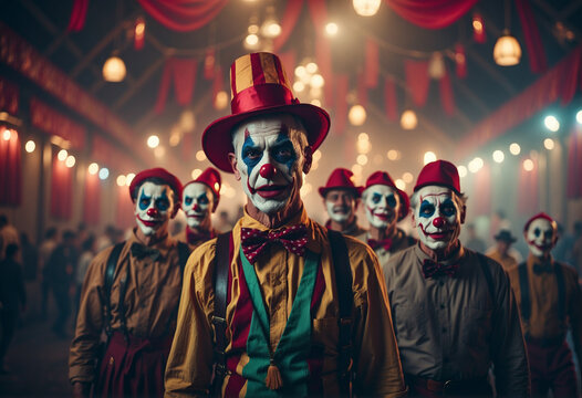 Spooky group of clown person characters at night next to circus tent. Scene In style of horror movie
